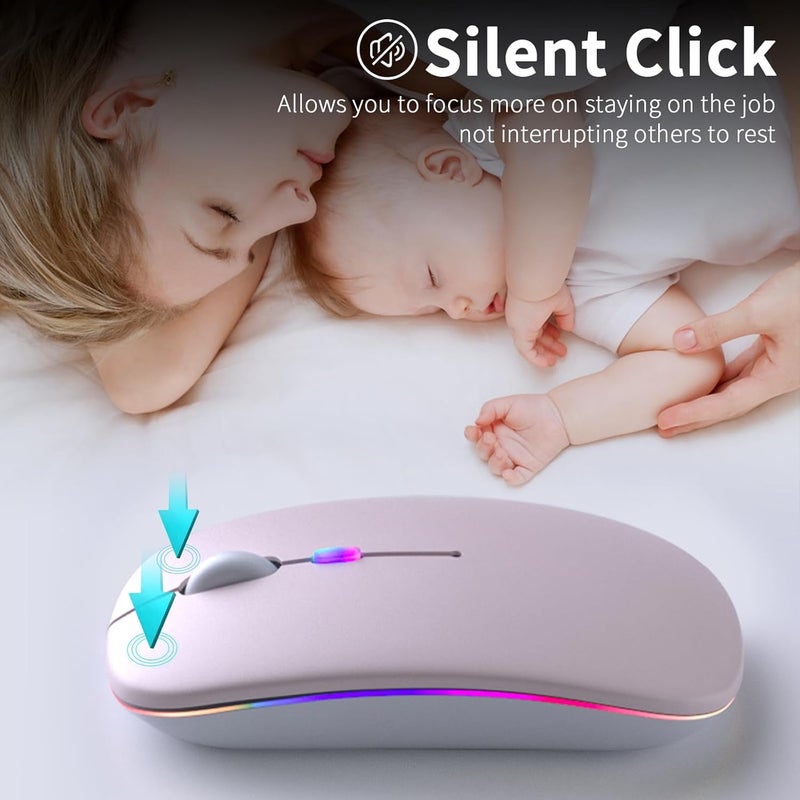 KANMABPC Wireless Bluetooth Mouse – Rechargeable, Silent, Dual Mode (Bluetooth 5.2 & USB) with LED Lights – Portable for Laptop, Desktop, & Tablet(Pink) - Image 2